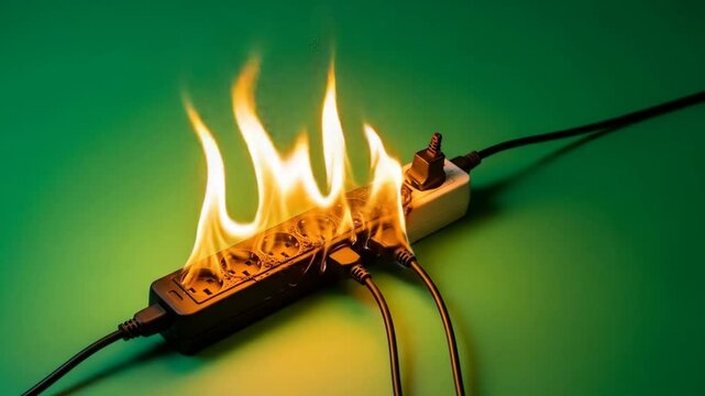 Overloaded Power Strip on Fire - A power strip is engulfed in flames, with multiple electrical cords connected.