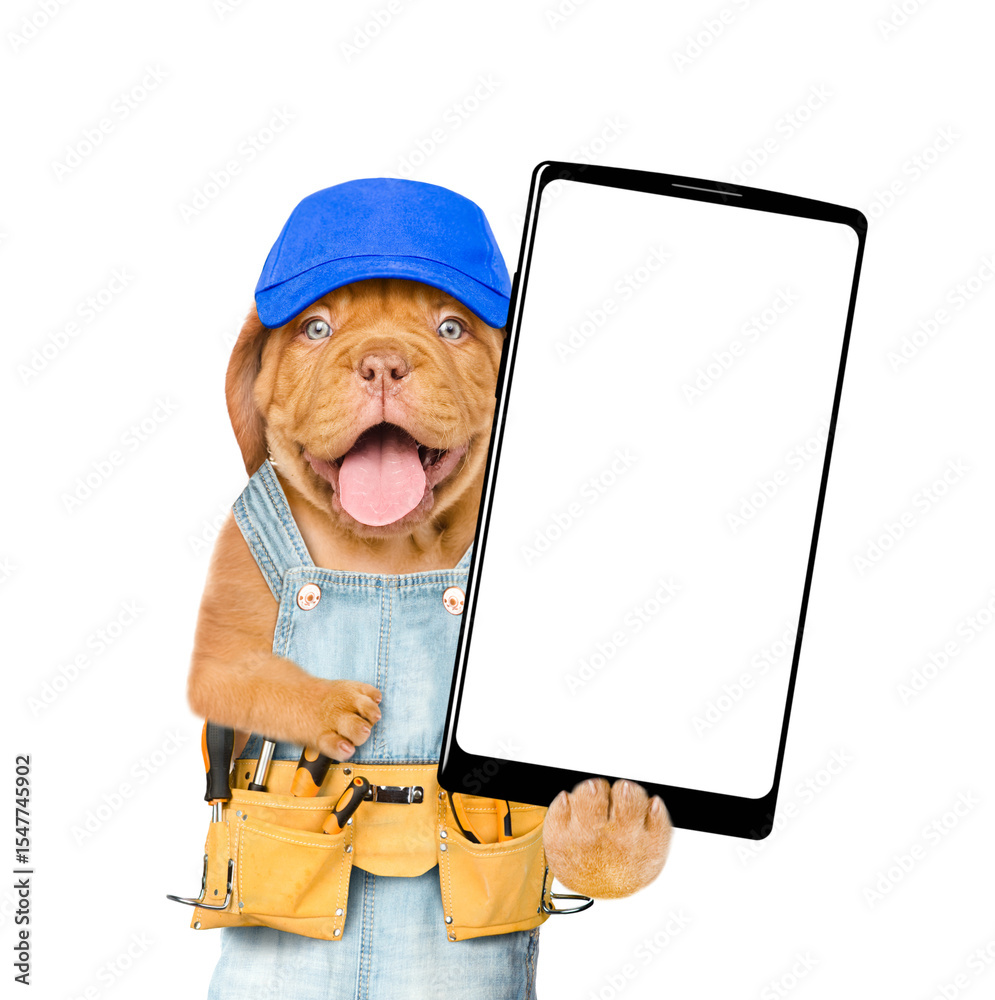 Aufkleber happy mastiff puppy wearing blue cap and overalls with tool belt showing big smartphone with white b