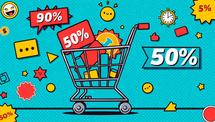 Shopping cart filled with sale items and promotional stickers in vibrant pop art style
