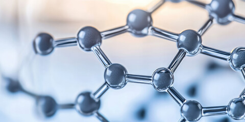 Obraz premium A molecular structure with interconnected spheres and rods is displayed in a close-up view. Scientific concept, molecular model, chemistry