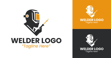 Creative Welder Logo Featuring Yellow Sparks and Black Helmet Design