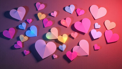 Background with neon hearts with a playful mood on a bright surface. Concept of a festive card for birthday and Valentine's Day.