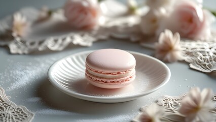 Elegant Minimal Dessert Scene with Light Pink Macaron and Soft Pastel Textures