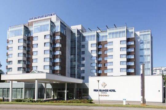 Riga, Latvia - May 26, 2024: View of Riga Islande hotel in Latvia
