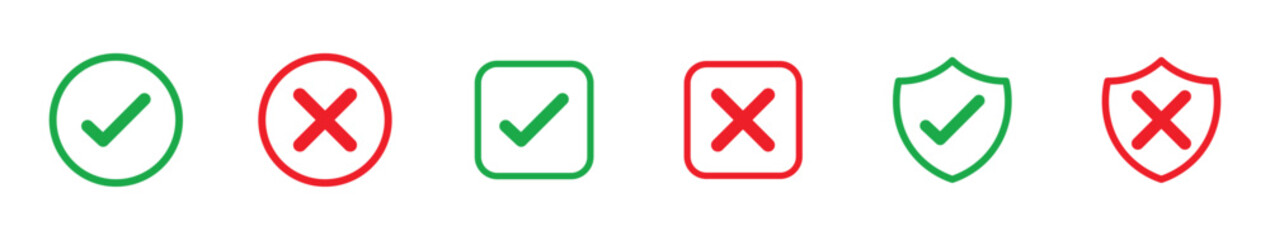 Set of Green checkmark tick and red X icon in outline style, vector illustration .