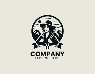 Fototapeta premium Adventure girl silhouette standing on mountain peak with dog companion inside circular badge emblem conveying exploration spirit