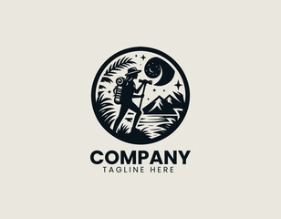 Naklejka premium Adventure girl silhouette standing on mountain peak with dog companion inside circular badge emblem conveying exploration spirit