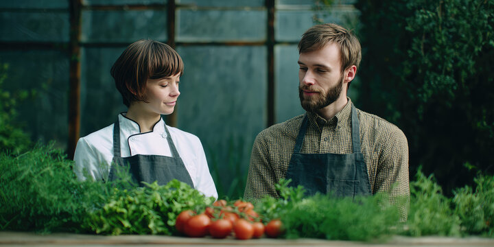 Two people wearing aprons stand behind a table with fresh vegetables, including tomatoes and greens. Teamwork and agriculture in a garden setting