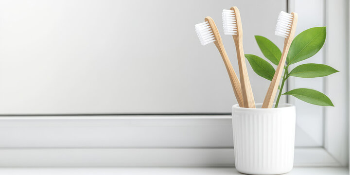Three bamboo toothbrushes stand in a white cup beside green leaves on a windowsill. Eco-friendly dental care, natural lifestyle - Powered by Adobe