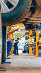 Fototapeta premium Two auto mechanics are discussing a repair under a car lifted on a hydraulic lift in a busy auto repair shop, pointing at a part that needs attention