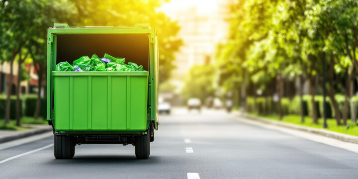Fototapeta A green garbage truck is driving down a tree-lined street filled with green bags. Urban waste management, clean environment