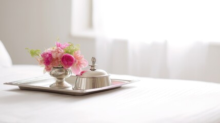 Silver tray with covered dish and fresh flowers on hotel bed, conveying elegant hospitality and refined simplicity