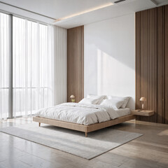 A tranquil and minimal bedroom interior with a low platform bed crisp white linen bedding a single side table with a simple lamp and a large window with sheer curtains-