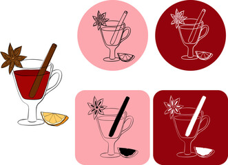 Hot mulled wine with cinnamon, star anise and orange logotype. Vector graphic line ink illustration. Hot drink with citrus and spices For poster, invitation, backdrop, ad, print for t-shirt