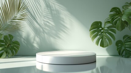 Obraz premium White podium with tropical leaves and shadows on light green wall