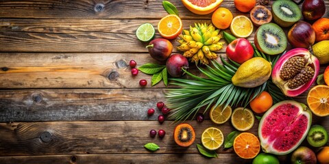 Brightly colored tropical fruit arrangement scattered on a rustic wooden table, fruit salad, vibrant,  fruit salad, vibrant, colors