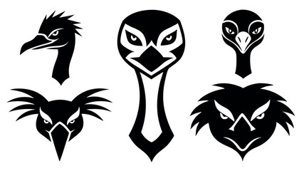 Ostrich head icons Silhouette Vector Set: Black and White Graphic Illustration of African Flightless Birds for Logo, Icon, or Design Element