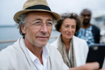 A contemplative middle-aged man wearing a stylish hat and glasses looks directly at the camera, embodying wisdom and charm in a serene coastal environment.