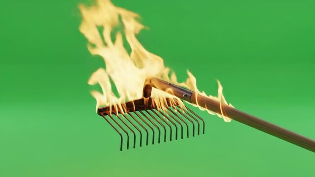 Burning Rake on Green Screen - A metal rake with a wooden handle is engulfed in flames against a bright green background. The video is ideal for compositing or visual effects.