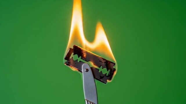 Burning Razor Blade on Green Screen - A close-up shot of a razor blade engulfed in flames against a vibrant green background. The blade is mounted on a metal razor, and the fire is bright and intense.
