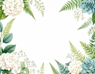 Obramowanie z kwiatami hortensji i liśćmi paproci