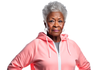 Stylish grandmother in a tracksuit. Healthy lifestyle in old age. Positive old woman with black skin. AI generated