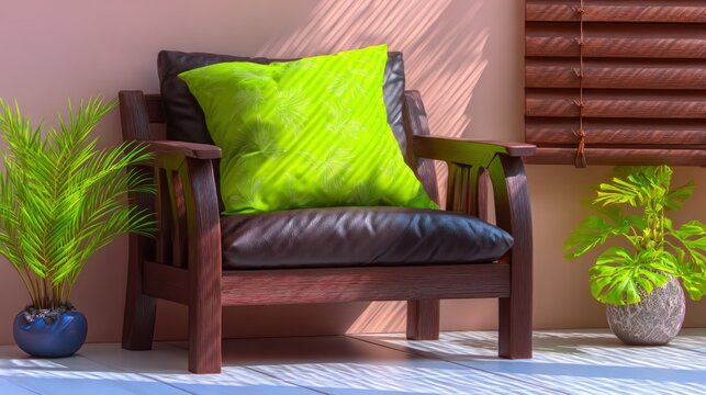 Cozy Reading Nook with Wooden Chair and Green Pillow