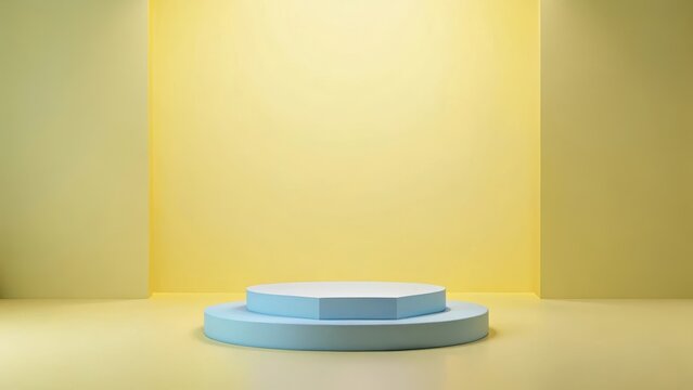 Soft yellow background with pastel blue podium standing alone in a minimalist room