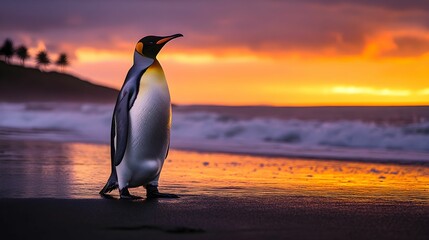 pingwin cesarski, plaża wulkaniczna, czarny piasek, zachód słońca, wschód słońca, niebo pomarańczowe, niebo fioletowe, fale morskie, tropikalna plaża, sylwetka pingwina, światło złotej godziny, natura