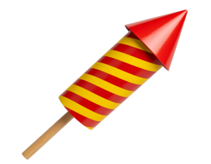 Colorful Firework Rocket with Striped Body and Wooden Stick, isolated on transparent background