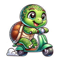 Cartoon Turtle on Scooter: An adorable animated turtle zips along on a retro scooter, radiating joy and adventure, perfect for any child-friendly project.