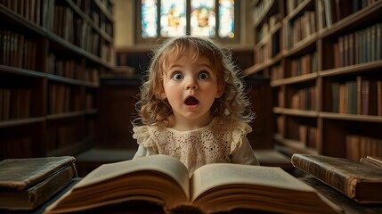 dziecko, portret dziecka, zdziwienie, opuszczona biblioteka, vintage, drewniane regały, stare książki, biblioteka, światło naturalne, złota godzina, ciepłe światło, okno z witrażem, dramatyczne cienie