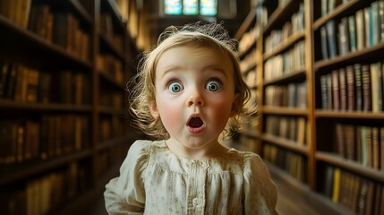 dziecko, portret dziecka, zdziwienie, opuszczona biblioteka, vintage, drewniane regały, stare książki, biblioteka, światło naturalne, złota godzina, ciepłe światło, okno z witrażem, dramatyczne cienie