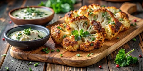 Crispy roasted cauliflower steaks with a flavorful herb and garlic sauce on a wooden cutting board, roasted, kitchen,  roasted