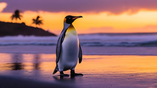 pingwin cesarski, plaża wulkaniczna, czarny piasek, zach&oacute;d słońca, wsch&oacute;d słońca, niebo pomarańczowe, niebo fioletowe, fale morskie, tropikalna plaża, sylwetka pingwina, światło złotej godziny, natura