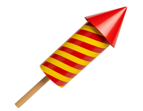 Colorful Firework Rocket with Striped Body and Wooden Stick, isolated on transparent background