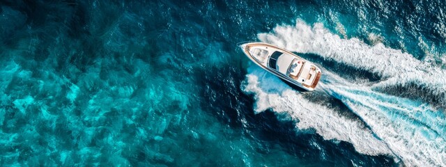 Yachting adventure Luxury boat cruising the turquoise ocean, creating white wakes in a paradise setting.