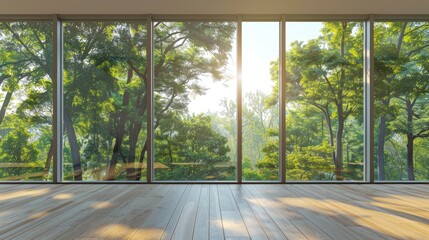 Daylight floods into an empty minimalistic room, through a panoramic window, revealing a beautiful view of a lush green Forest. This room provides a blank canvas for digital artwork