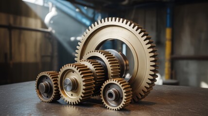 Golden Gears Arranged in a Factory Setting