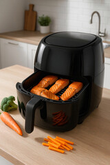 Black air fryer cooking salmon fillets in a modern kitchen. Healthy cooking concept with fresh vegetables like carrots and broccoli on a wooden countertop