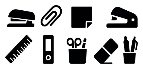 Office tools silhouette icon set. essential workplace items silhouette collection