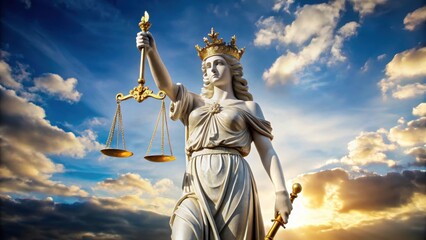 Obraz premium Elegant Turkish Sultanate-era marble statue of Lady Justitia standing proudly with an ornate golden crown and holding a balance scale in her right hand, marble sculpture, istanbul