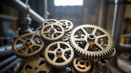 Interlocking golden gears in an industrial setting, symbolizing mechanical precision and engineering.