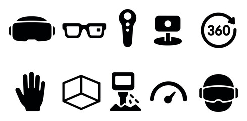 Virtual reality, tech silhouette icon set. vr headsets, gadgets, digital wearables
