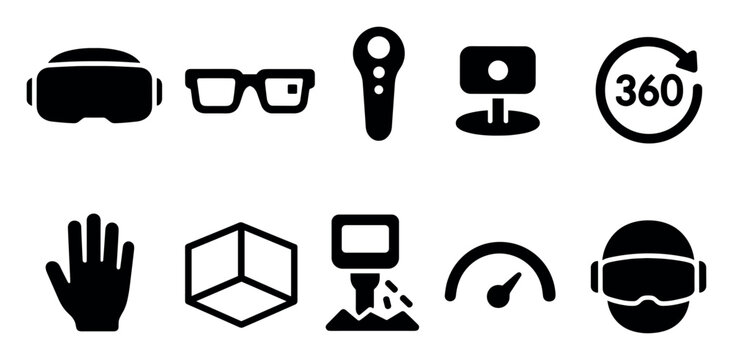 Virtual reality, tech silhouette icon set. vr headsets, gadgets, digital wearables