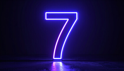 Glowing neon number 7 seven against dark backdrop. Minimalist and stylish design.