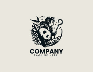 Adventurous girl and her panda companion climbing hills inside round nature logo design for outdoor exploration