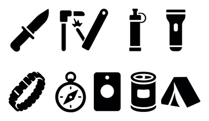 Obraz premium Camping and survival solid icon set. essential outdoor adventure icons collection.