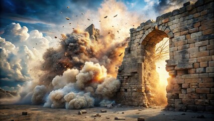 Ancient stone wall collapses under intense force, crumbling, explosion