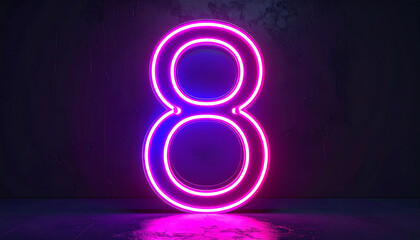 Glowing neon number 8 eight against dark backdrop. Minimalist and stylish design.